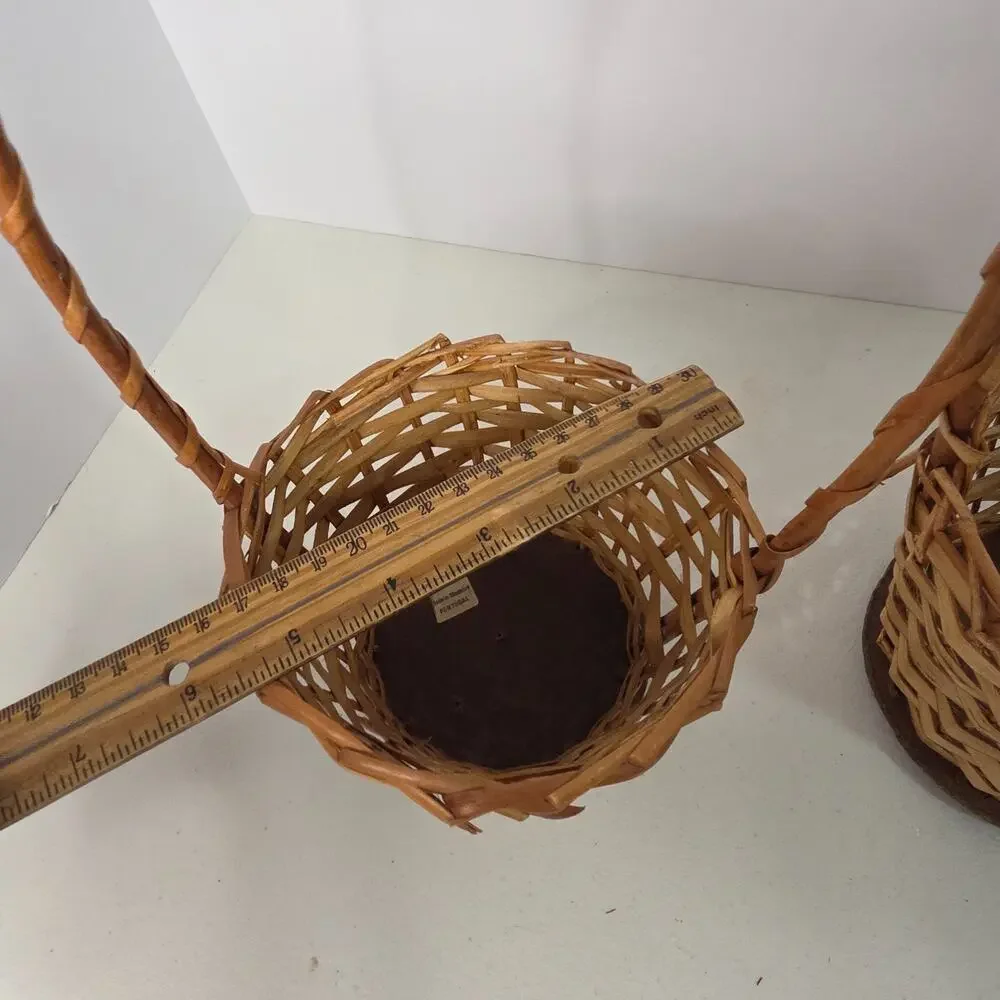 Pair of Vintage Rustic Wicker Baskets High Fixed Handles Country Decor